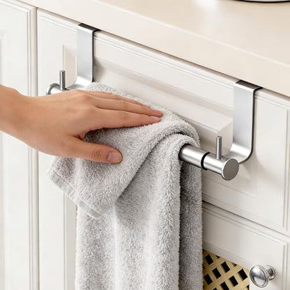 VEHHE Stainless Steel Expandable Towel Rack for Under Cabinet, Adjustable Over the Door Towel Rack with Hanging Hooks for Kitchen Cabinet, Bathroom Sponge Hand Towel Storage, Rust Proof Organizer