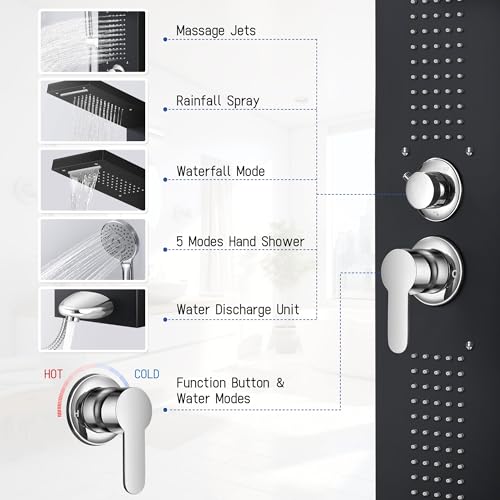 Shower Panel System, Multi-Function Shower Tower With 4 Body Spray, 5 Handheld Settings, Shelf & Adjustable Height, Rainfall + Waterfall Shower Head