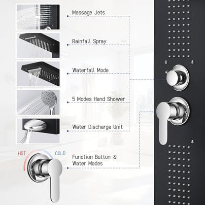 Shower Panel System, Multi-Function Shower Tower With 4 Body Spray, 5 Handheld Settings, Shelf & Adjustable Height, Rainfall + Waterfall Shower Head
