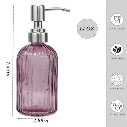 14Oz Purple Glass Soap Dispenser Bathroom, Stainless Steel Pump, Stripe | Clear Glass Liquid Hand Soap Dispensers, Refillable Dish Soap Dispenser for Kitchen, Countertop Soap Dispensers - color: Purple