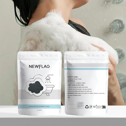 NEWFLAG 2 PCS Exfoliating Shower Towel, Premium Scrub Bathroom Towel Set, 47" Dual-Sided Body Scrubber for Sensitive Skin, Deep Cleansing for Body & Face, Long Back Scrubber for Women Men, Black - color: Black