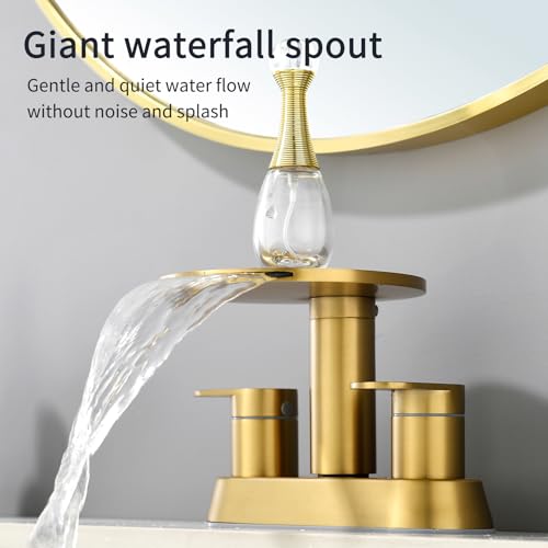 Brushed Gold Bathroom Sink Faucet 3 Hole | Waterfall Bathroom Faucet 4 Inch Centerset with Pop-Up Drain，2 Handle Stainless Steel Faucets for Bathroom Sink Vanity RV