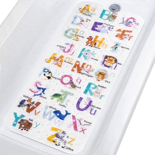 Topotdor Baby Bath Mat for Tub for Kids, 40 X 16 Inch Extra Long Toddler Bathtub Mat Non Slip, Machine Washable Bathroom Shower Floor Mat with Suction Cups & Drain Holes, Alphabet Animal - color: Abc Animals