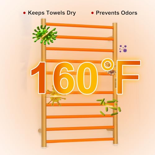 Electric Towel Warmer Rack,Heating Towel Warmer,Timer & Temperature Control,Wall-Mounted Plug-in for Bathroom, Gold,Stainless Steel,10-Bar(31.5x20.08x4.41in) - color: Round-matte Gold With Brushed Top, size: 10 Bars