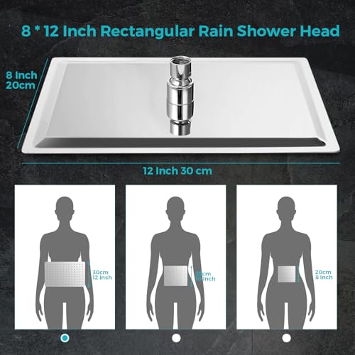 Rain Shower Head, 12 * 8 Inch Rectangular Shower Head with Handheld Spray, Rainfall Dual Showerhead Set with Adjustable Slide Bar, 77" Hose, Curved Extension Arm, Chrome, 1.8 GPM, DOE & CEC Certified