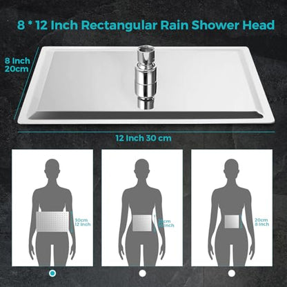 Rain Shower Head, 12 * 8 Inch Rectangular Shower Head with Handheld Spray, Rainfall Dual Showerhead Set with Adjustable Slide Bar, 77" Hose, Curved Extension Arm, Chrome, 1.8 GPM, DOE & CEC Certified