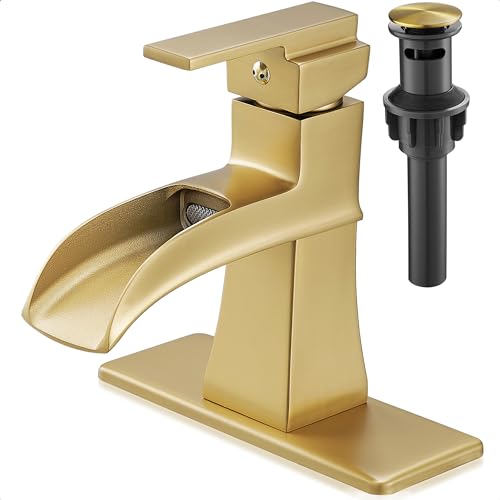 Brass Waterfall Faucet, Brushed Gold Bathroom Faucet, Single Handle for One Hole or 3 Holes 4 Inch with Pop-Up Drain, Pre-Installed Supply Hoses and Deck Plate for Vanity RV Farmhouse Modern - color: Brushed Gold