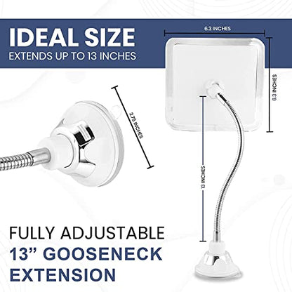Anti Fog Flexible Gooseneck Shower Mirror, 6.3" x 6.3" | Fogless Shaving Mirror for Bathroom with Height Adjustable Gooseneck Extension, Upgraded Suction Cup & Shatterproof Surface