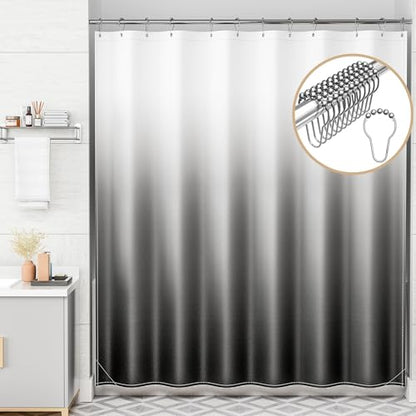 AmazerBath Shower Curtain, Cloth Ombre Black Shower Curtain Set with 12 Hooks, Washable Fabric Black and White Shower Curtain, Rustic Farmhouse Bathroom Shower Curtain, 72x72 Inches - color: A- Black Ombre +12 Metal Hooks, size: 72"W x 72"L (Pack of 1)