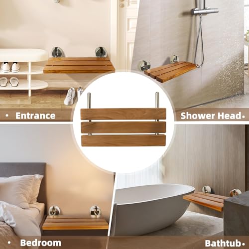 20 Inch Folding Teak Shower Bench - Wall Mounted Space-Saving Shower Seat for Elderly & Adults, Brushed Nickel Cover, 400lb Weight Capacity, Ideal for Shower