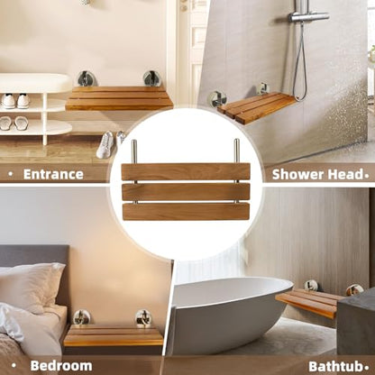 20 Inch Folding Teak Shower Bench - Wall Mounted Space-Saving Shower Seat for Elderly & Adults, Brushed Nickel Cover, 400lb Weight Capacity, Ideal for Shower
