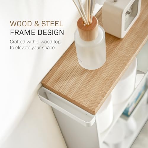 Yamazaki Home Slim Rolling Storage Cart – Narrow Bathroom Storage Cabinet With Handle, Slim Bathroom Storage Cart With Wheels, Easy Assembly, Steel + Wood, White, 27" - Steel - - color: White
