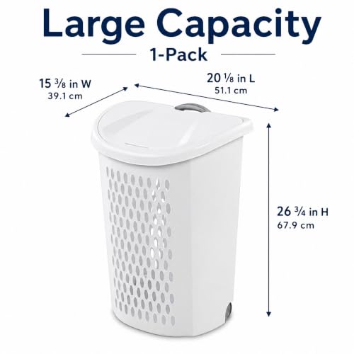 135L White Wheeled Plastic Laundry Hamper - Rolling Laundry Basket with Lid | Pull handle & easy-roll wheels make this rolling laundry hamper with lid easy to move in dorms, apartments & bedrooms. - size: 3.8Bushel
