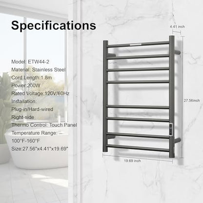 Electric Heated Towel Warmer - Wall Mounted Bathroom Towel Rack, Plug-in Design & Brushed Stainless Steel Finish 8 Bar Gunmetal with Timer & Temperature Control - color: Gunmetal With Timer 8 Bar Etw44-2, size: 8 Bar