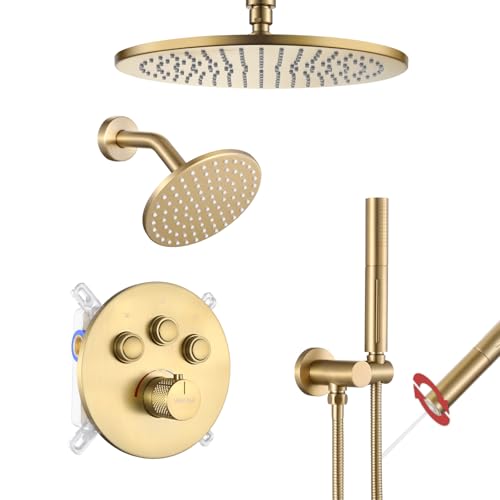 VANFOXLE Thermostatic Shower Faucet Set Brushed Gold Shower System | Push Button Diverter, 12 Inch Ceiling Mount Rain Head Increased Thick, 6 Inch Side Head, 2-in-1 Handheld Sprayer, Modern - color: Brushed Gold, style: 12 Inch