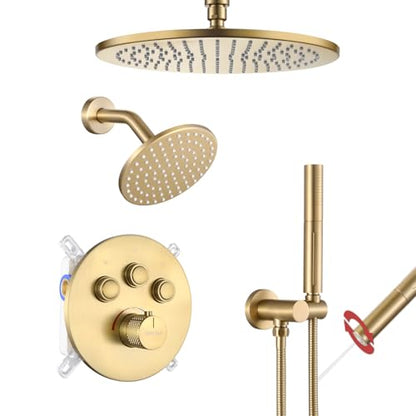 VANFOXLE Thermostatic Shower Faucet Set Brushed Gold Shower System | Push Button Diverter, 12 Inch Ceiling Mount Rain Head Increased Thick, 6 Inch Side Head, 2-in-1 Handheld Sprayer, Modern - color: Brushed Gold, style: 12 Inch
