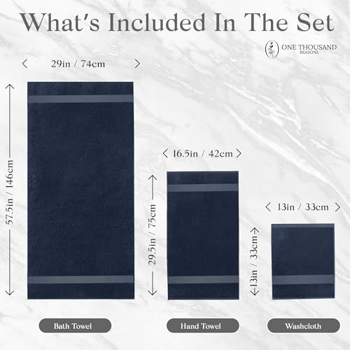 Premium Staple Cotton Bathroom Towel Set - Navy 600 GSM 6-Piece Luxury Bath Towel Set 1 Stripe - 2 Bath Towels, 2 Hand Towels & 2 Washclothes Set - High Absorbent & Quick Dry for Gym, Spa, Hotel - color: Navy - 1 Stripe