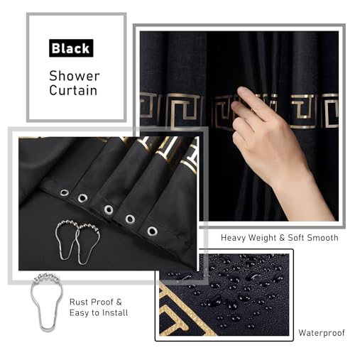 XLHOMO Bathroom Sets with Shower Curtain and Rugs Black Bathroom Accessories Bathroom Set,Soap Dispenser & Toilet Brush Holder Set with Stainless Steel Trash Can - size: Black, style: Bath Set+Shower Curtain+Bath Rugs