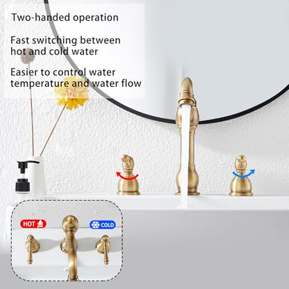 2 Handles 3 Holes Faucet Widespread Bathroom Sink Faucet Basin Tap Mixer Supply Hose Included Matching Pop Up Drain Antique Brass - color: Antique Brass, size: Widespread
