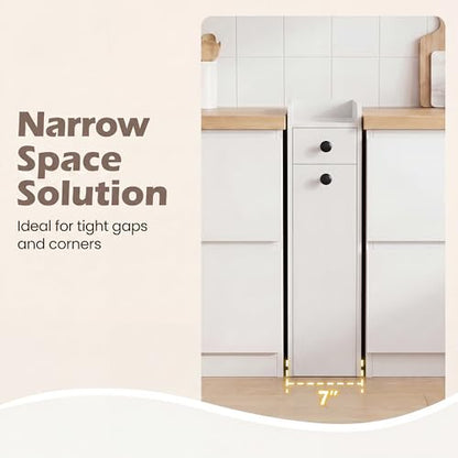 COSTWAY Slim Bathroom Cabinet, Freestanding Narrow Organizer, White | 7" Wide Space-Saving Storage with 2-Tier Slide-Out Drawer, Shelf & Toilet Paper Holder, for Bathroom, Laundry & Small Spaces - color: White