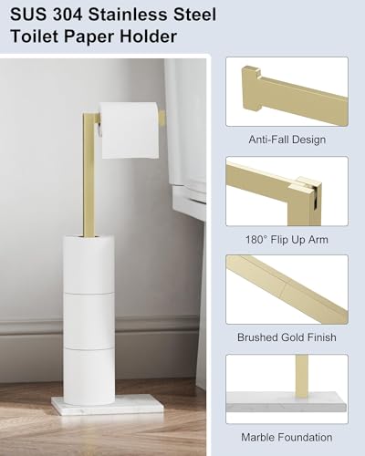Freestanding Toilet Paper Holder Stand Brushed Gold Tissue Roll Holder | SUS 304 Stainless Steel Rustproof 22 Inch Rotating Bathroom Toilet Paper Stand for 4 Rolls with Marble Base by HOMEMYSTIQUE - color: Brushed Gold