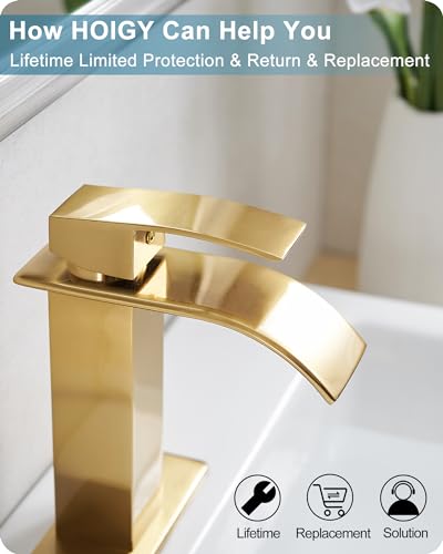 Gold Bathroom Faucet Waterfall, Brass Bathroom Faucets Single Hole or 3 Hole 4 Inch, Single Handle Bathroom Sink Faucet with Deck Plate & Drain - color: Brushed Gold - Elegant