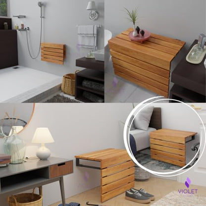 20" Folding Wall Mounted Handmade Teak Wood Large Shower Seat with Legs, ADA Compliant Durable Bath Bench, Sturdy Space-Saving Bathroom Stool, Water-Resistant Compact Chair (Natural, Extra Large) - color: Natural