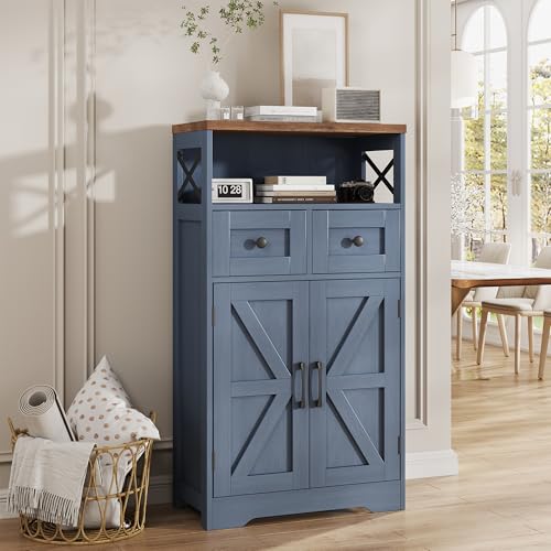 FiveWillowise Farmhouse Blue Storage Cabinet with Barn Doors and Drawers, Small Freestanding Kitchen Pantry Cabinet, Hutch Cupboard for Kitchen, Laundry, Living Room,Bathroom - color: Navy Blue