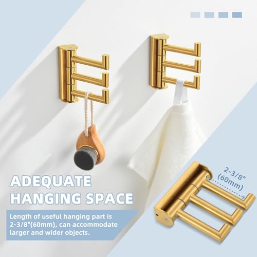 Suyar Brushed Gold Towel Hook, Bathroom Swivel Coat Robe Holder with 3 Arms | SUS304 Stainless Steel, Wall Mounted, 2 Pack - color: Brushed Gold, size: 2 Pack