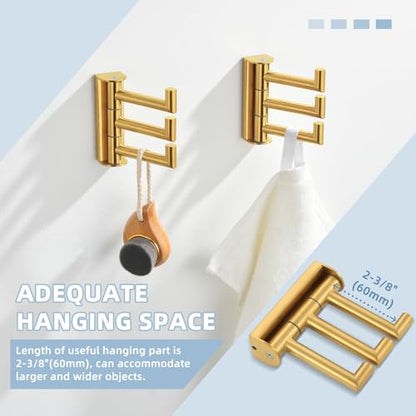 Suyar Brushed Gold Towel Hook, Bathroom Swivel Coat Robe Holder with 3 Arms | SUS304 Stainless Steel, Wall Mounted, 2 Pack - color: Brushed Gold, size: 2 Pack