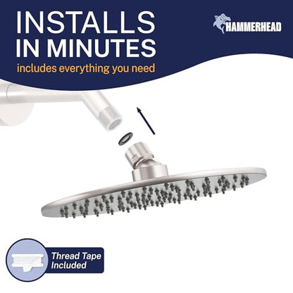 HammerHead Showers Solid Metal Round 8 Inch Rainfall Shower Head, High Flow Shower Head Optimized for Pressure, Brushed Nickel, 1.75 GPM - color: Brushed Nickel, size: 1.75 GPM