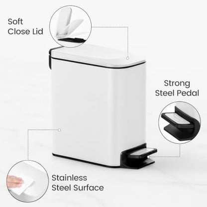 TIPGO Slim Bathroom Trash Can with Lid Soft Close, Step Pedal, 6 Liter / 1.6 Gallon Stainless Steel Garbage Can with Removable Inner Bucket, Anti-Fingerprint Finish (White) - color: White