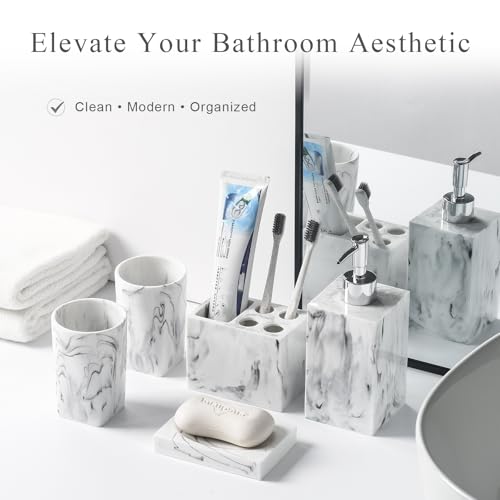 5 Piece Bathroom Accessories Set, Marble Resin Bathroom Vanity Set, Soap Dispenser, Toothbrush Holder, Soap Dish & 2 Tumblers, Bathroom Countertop Organizer Set (Ink White) - color: Ink White
