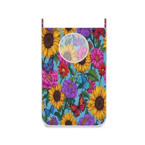 1PC Hanging Laundry Hamper Bag Over the Door Laundry Hamper Wall Hamper Large Dirty Clothes Hamper with Stainless Steel Hooks 29.5x20Inch Blue Sunflowers and Butterflies - color: Blue Sunflowers and Butterflies, size: 1 PC