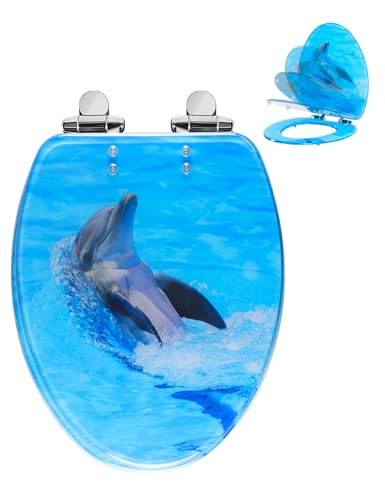Angol Shiold ELONGATED Resin Soft Close Toilet Seat Dolphin 18.5Inch | Quick Release Heavy Duty Acrylic Decorative Toilet Seats Easy to Clean (Backstroke Dolphin) - color: Backstroke Dolphin
