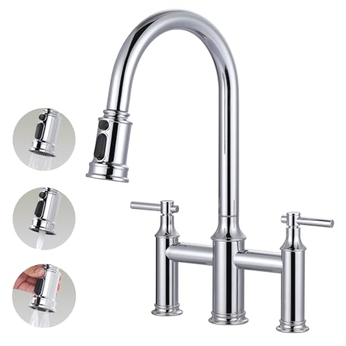 Bridge Faucet with Pull Down Sprayer: Brass Bridge Kitchen Faucet for 1 or 3 Hole - Chrome Two Handles 8 Inch Centerset Kitchen Sink Faucet for Farmhouse RV Laundry - color: Chrome