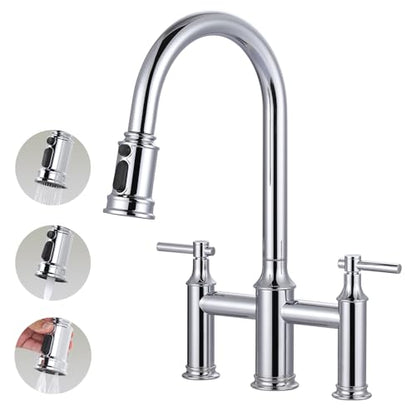 Bridge Faucet with Pull Down Sprayer: Brass Bridge Kitchen Faucet for 1 or 3 Hole - Chrome Two Handles 8 Inch Centerset Kitchen Sink Faucet for Farmhouse RV Laundry - color: Chrome