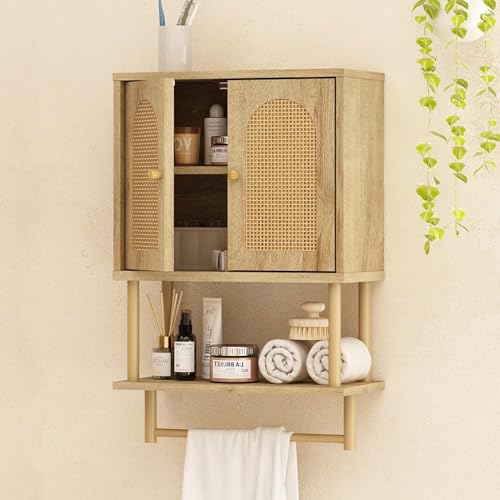 RUSTOWN Rattan Bathroom Wall Cabinet, Modern Boho Medicine Cabinets, Small | 2 Arched Rattan Doors, Adjustable Shelf, Towel Bar Rack, Over The Toilet Storage Cabinet for Bathroom, Living Room, Kitchen - size: Small