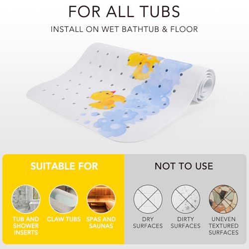 PRATIQUE Kids Bath Mat for Tub Non Slip，40 X 16 Inch Extra Long Kids Bathtub Mat Duck Print Bathtub Shower Mat Safety Anti Slip with Suction Cups and Drain Holes, Machine Washable - color: Yellow Duck