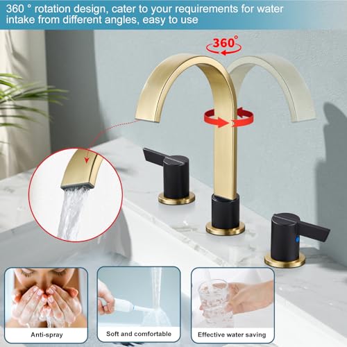 Midanya 8 Inch Widespread Bathroom Sink Faucet 3 Hole,Black and Gold Spout | Waterfall Swivel Spout,2 Handle,SUS304,with Pop Up Drain,cUPC 24" Water Hose,for 6-16” hole distance vanity,RV,Farmhouse Sink - color: Black/Gold Spout