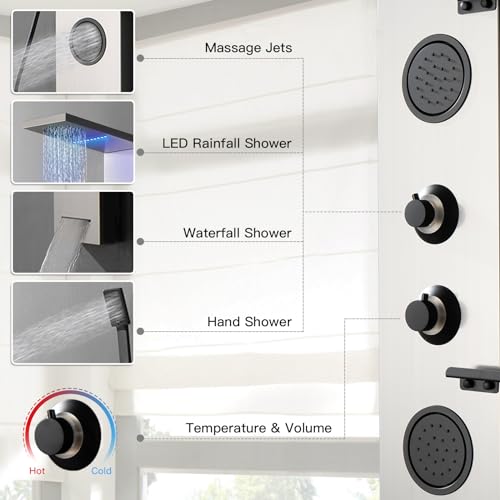 Homevacious 4 In 1 Shower Panel System with Shelf Brushed Nickel | LED Rain Shower Head Adjustable Massage Body Jets 3 Functions Handheld Head Tub Spout Stainless Steel - color: Brushed Nickel and Black, style: LED Shower Panel