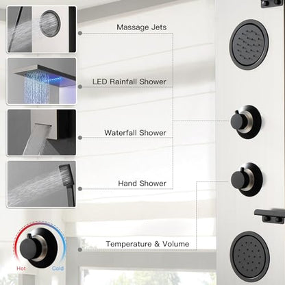 Homevacious 4 In 1 Shower Panel System with Shelf Brushed Nickel | LED Rain Shower Head Adjustable Massage Body Jets 3 Functions Handheld Head Tub Spout Stainless Steel - color: Brushed Nickel and Black, style: LED Shower Panel