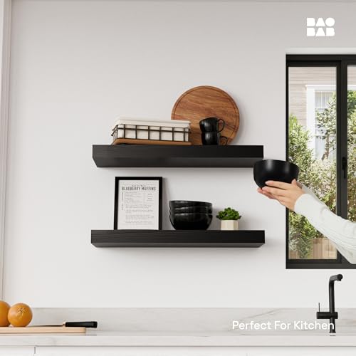 Solid Wood Floating Shelves for Wall 20 Inch Black, Wooden Bathroom Shelf | Real Wood, Heavy-Duty, Wall Mounted, Bedroom Kitchen Living Room, Rustic, Black Finish, 20W x 6.7D, Set of 2 - color: Black, size: 20 Inch