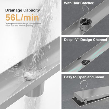 Linear Shower Drain - 18 Inch Brushed Nickel, with Tile Insert Panels | AISI 304 Stainless Steel Shower Drain with Adjustable Feet, Hair Catcher, Rectangle Shower Floor Drain Fits Bathroom, Balcony - color: Brushed Nickel, size: 18 Inch