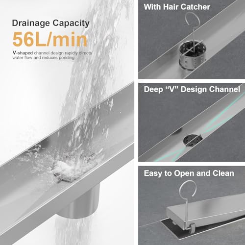 Linear Shower Drain - 18 Inch Brushed Nickel, with Tile Insert Panels | AISI 304 Stainless Steel Shower Drain with Adjustable Feet, Hair Catcher, Rectangle Shower Floor Drain Fits Bathroom, Balcony - color: Brushed Nickel, size: 18 Inch