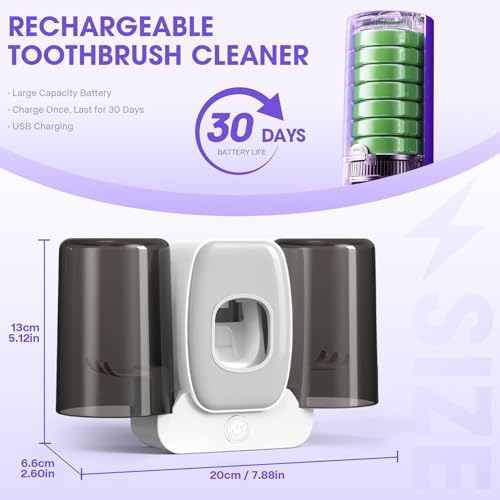 LXIANGN 3 in 1 Toothbrush Cleaner Holders,Rechargeable Wall Mounted Toothbrush Holder Toothpaste Dispenser Automatic 2 Cups Tooth Brush Holder for Bathroom, No Drilling, 4 Slots, Grey - color: Grey