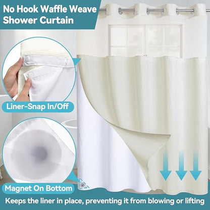 Conbo Mio Extra Long No Hook Waffle Weave Shower Curtain with Snap in Liner Set, Hotel Luxury Beige Shower Curtains for Bathroom with See Through Top Window, Waterproof, Washable 71W x 84H - color: Waffle-beige, size: 71"W x 84"L (Pack of 1)