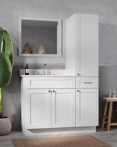 45" Bathroom Vanity with Linen Storage Tower, Carrara Quartz Top and Ceramic Sink, Left or Right Side Option, Solid Wood Frame, 46" x 22" x 72" (White, Left Tall Cabinet) - color: White