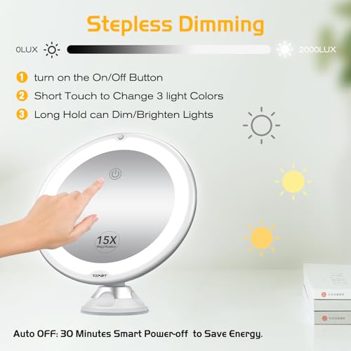 Flexible 15X Magnifying Suction Mirror - Dimmable LED Vanity Mirror, Power Suction Cup, Portable for Home Bathroom - Ideal for Detailed Makeup Eyeshadow Eyeliner (Medium)