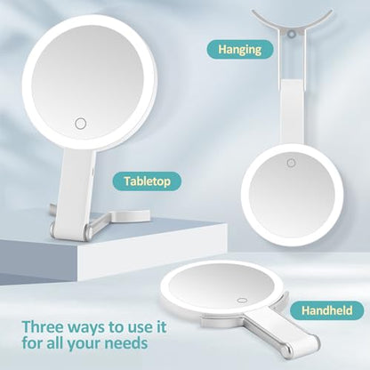 30x/1x Magnifying Travel Mirror with Light, Double-Sided Rechargeable Adjustable Brightness 3 Colour Lighting, Folding, Handheld/Hangable/Tabletop, 3 Ways Using Mirror, White - color: White-travel